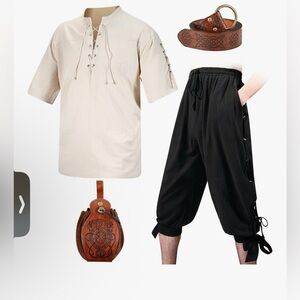 Medieval Style Beige Shirt and Black Pants Set